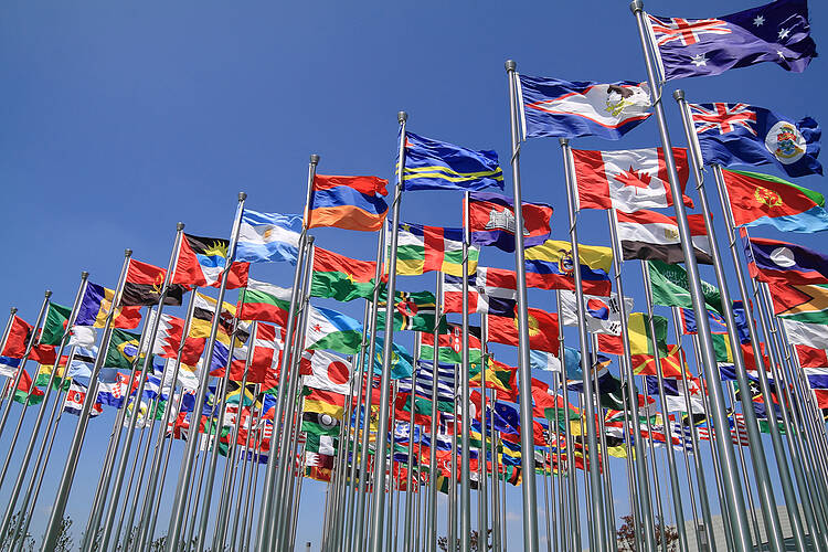  World national flags flying representing nationalities and countries 